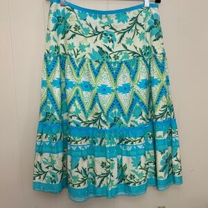 Bandolino Skirt Size 10 Tiered~Turquoise, Lime Green Cream~ Cotton Very Summer